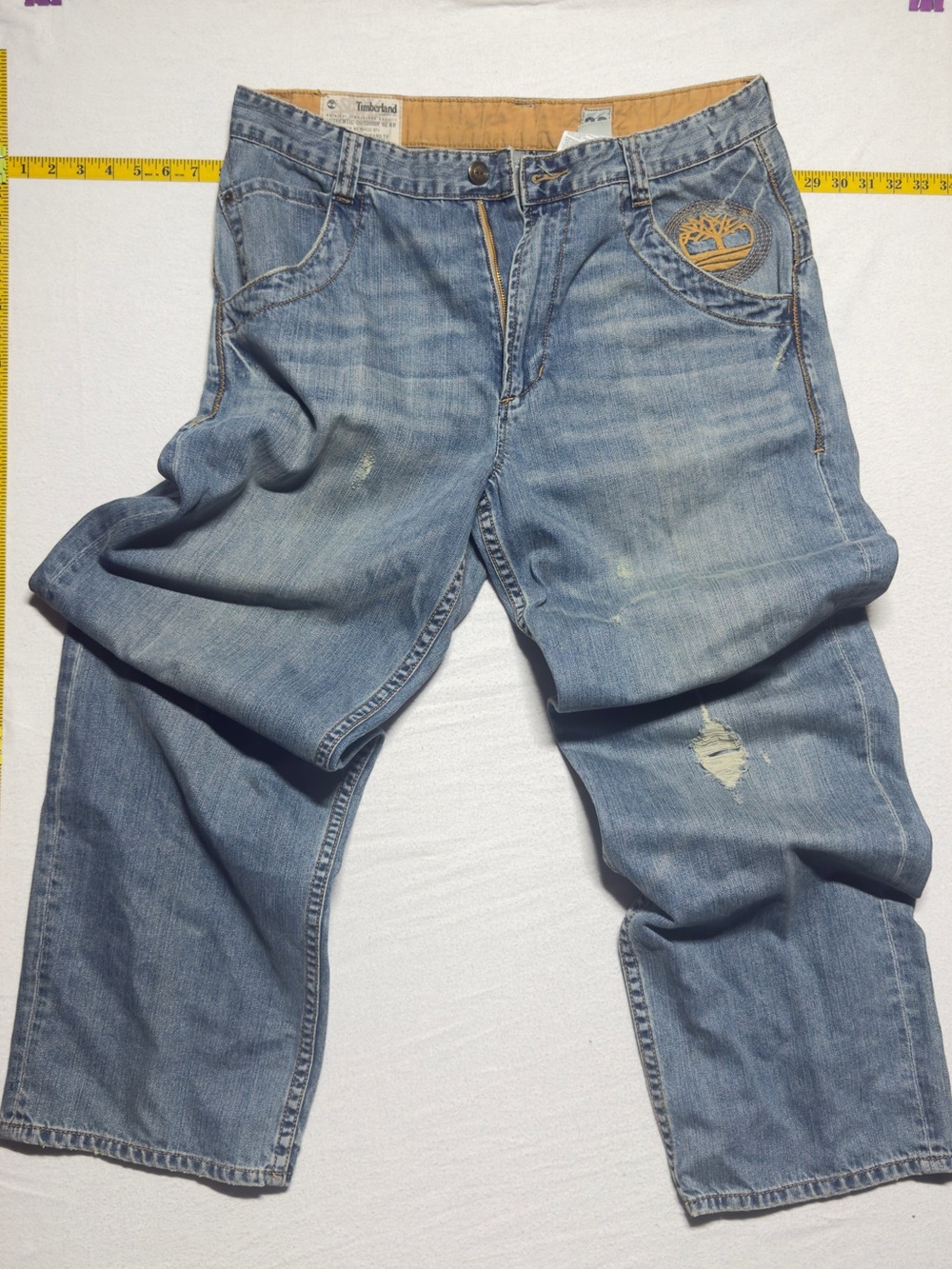 2007 embroidered Timberland Men’s Light Blue Relaxed Fit Distressed Jeans
